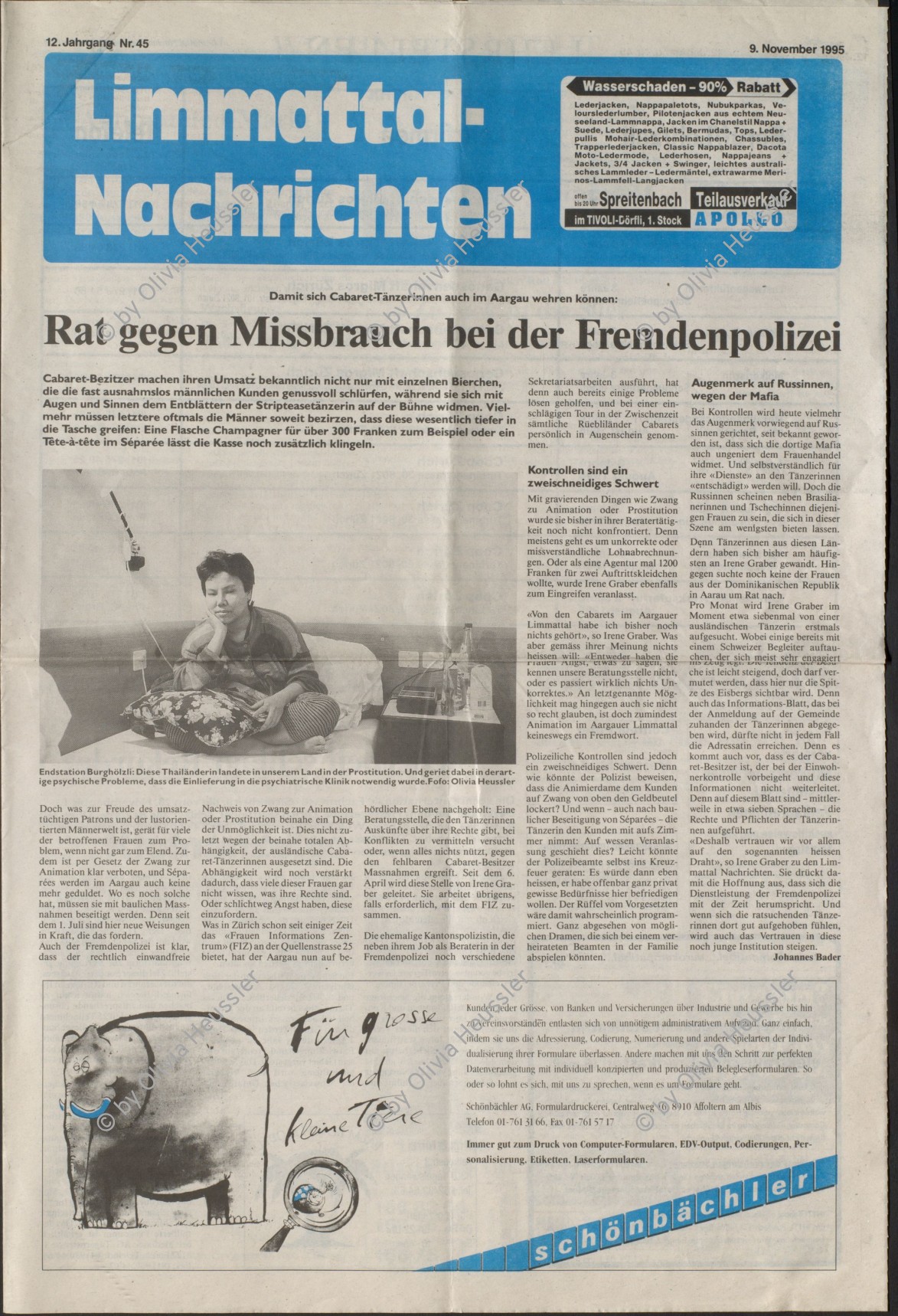 Image of sheet 19930250 photo 26: Eine Prostituierte unterstützt ihre Familie in Thailand. Sie ist Patientin in der psychiatrische Klinik Burghölzli Zürich 03.93 Schweiz Switzerland prostitute sexarbeiterin sex worker female woman europe hospital psychiatric

© 1993, Olivia Heussler √
Press archive printed media published with the use of a photography by Olivia Heussler: Limmattal-Nachrichten.