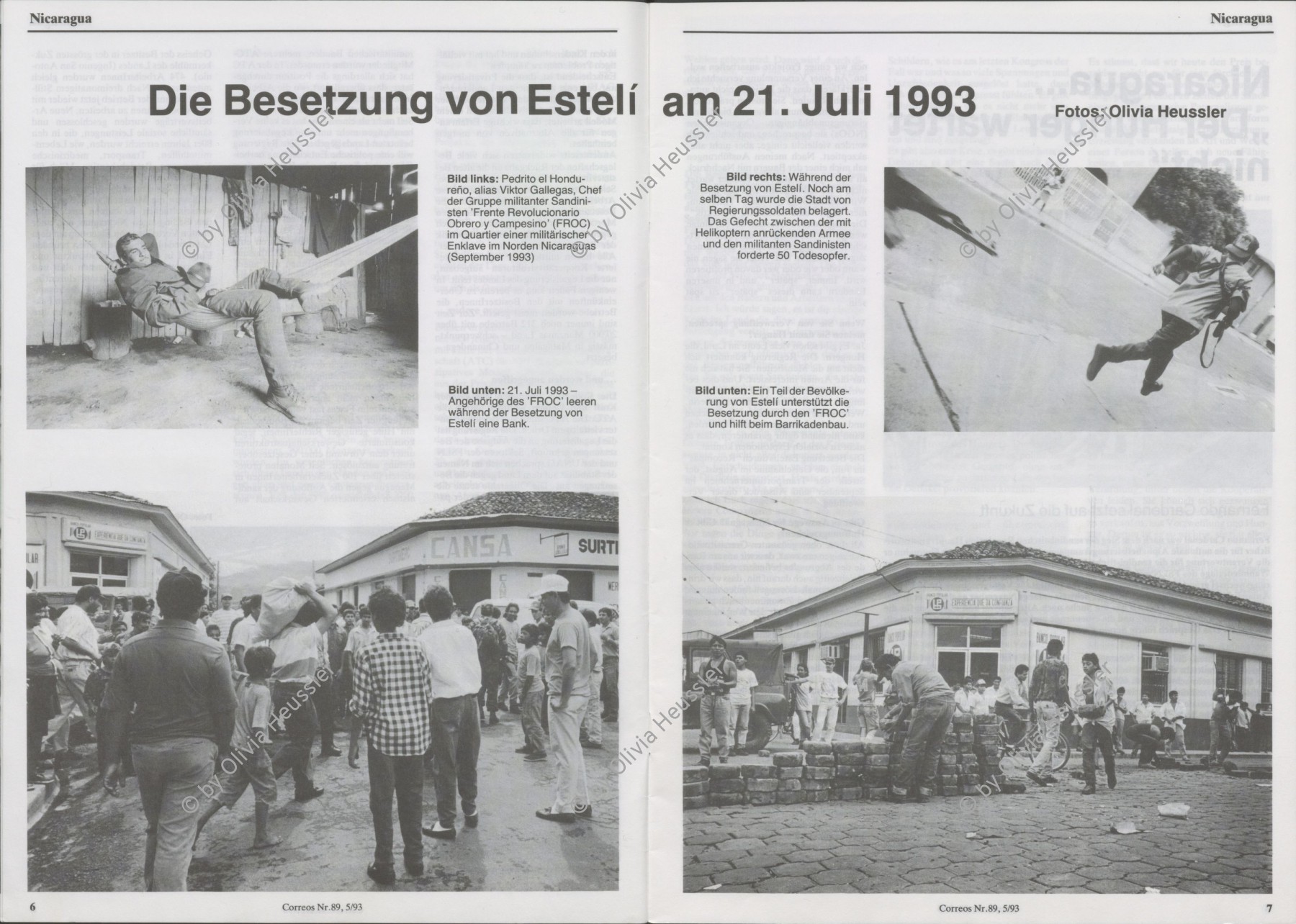 Image of sheet 19930420 photo 14: Les membres du Frente Revolucionario Obrero y Campesino (Froc) emporter l'argent apres vider une banque à Esteli. Nicaragua 21/07/93



© 1993, Olivia Heussler / www.clic.li
Angehörige des Frente Revolucionario Obrero y Campesino (FROC) bringen während eines Banküberfalles in Esteli das Geld weg. Nicaragua 21.07.93

Besetzung am 21. Juli 1993 von Esteli durch Frente Revolucionario Obrero y Campesino. Unter Führung von Recompa Pedrito el Hondureño alias Victor Gallegos unter Verwendung von RPG-7 Granatwerfer und RPK und Mörser M-79 45 Tote und 98 Verwundete. Banküberfall an der Esquina de los Bancos in Esteli. Beute: 4 Millionen Cordobas. 
 Zivile. Nicaragua 1993 √

El FROC en el atraco al banco. Estelí, 21 de julio de 1993
FROC bank robbery. Estelí, July 21, 1993  
counter power Altkirch gerahmt (40 x 60 cm pp)