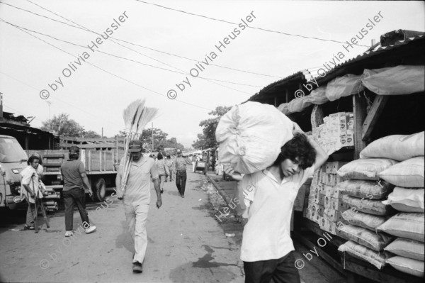 Image of sheet 19930680 photo 12: frtsg. 930670 Mercado Oriental Verkäufer. Betrieb Markt. Alte Frau mit Ruda im Korb und in den Haaren. Korb mit Hähnchen. Kontrollgang eines Polizisten. Managua Nicaragua 1993