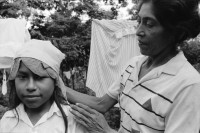 Image of sheet 19930710 photo 16: © 1993, OLIVIA HEUSSLER/ www.clic.li
Eine Heilerin zeigt mir wie sie ein Mädchen mit Blätter gegen Kopfschmerzen behandelt. in San José de Masatepe. Nicaragua 1993 ?
traditional natural health medicine 
Zurück von Brot für die Welt