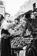 Image of sheet 19931210 photo 11: Mea Shearim Lutfi's Peace Land Galery in Ost- Jerusalem Altstadt. Regen in Altstadt. Am Markt Israeli Soldaten beobachten vom Damaskus Tor aus. Brotverkäufer. Rachel Freudenthal Portrait vor Spray Graffitti und beim einkaufen auf dem Shouk in Jerusalem mit Tochter Noa. Araber telefoniert und orthodoxe Juden nach dem Gebet am Shabes. Araber untersucht neue Unterhosen. Israel Palästina 1993