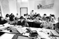 Image of sheet 19931230 photo 18: © 1993, OLIVIA HEUSSLER/ www.clic.li
In der Siedlung Neve Deqalim lernen junge Frauen jüdische Geschichte und Religion. Die meisten kommen aus dem Negev und verlassen am Wochenende den Gazastreifen. Neve Deqalim, Newe Dekalim Khan Yunis Gazastreifen. 11.93 1993 √ Palestine
girls study students women school  occupied territory Gaza strip

Neve Dekalim (Hebrew: נְוֵה דְּקָלִים) (lit. "Oasis of Palms") was an Israeli settlement and a community in the Gush Katif settlement bloc in the Gaza Strip. It was founded in 1983 after the Israeli withdrawal from the Sinai Peninsula, on uninhabited sand dunes. Neve Dekalim served as a regional center for the Gush Katif region and was the seat of the Hof Aza Regional Council. It was located between the former Egyptian town of Khan Yunis and the Mediterranean Sea. Neve Dekalim was evacuated in August 2005 as part of Israel's unilateral disengagement plan. It was turned into a terrorist training camp by Hamas.

© 1993, Olivia Heussler
