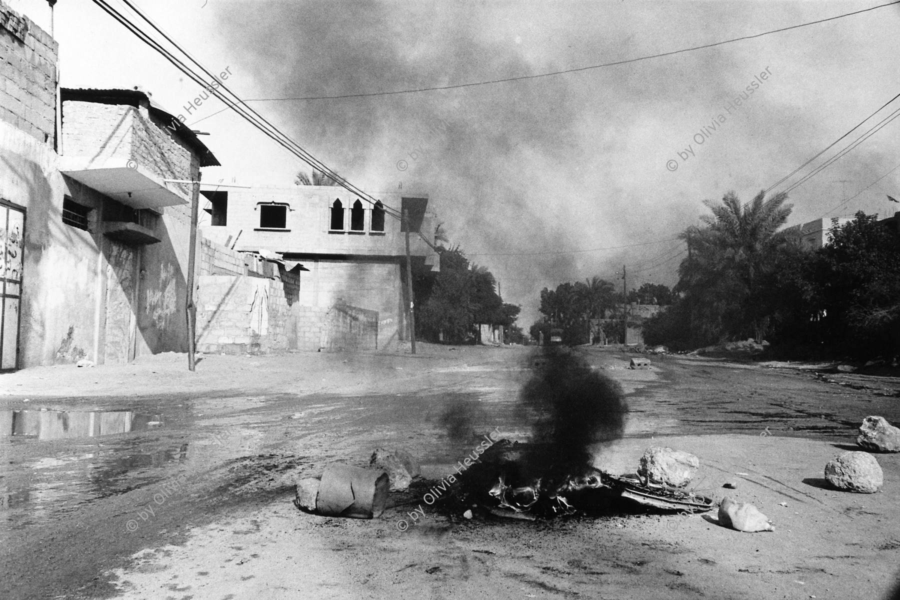 Image of sheet 19931230 photo 31: Brennende Autoreifen als Protest gegen den Tod des 25ig jährigen Fatah; Hawks der PLO in Khan Yunis, Gazastreifen. 11.93
Burning tires in protest against the death of 25 year old Fatah Hawks in Khan Yunis Palestine

1993, copyright by Olivia Heussler √
Gaza strip