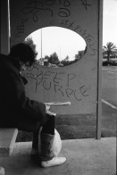 Image of sheet 19931410 photo 0: Frau wartet auf Bushaltestelle. Bilha Golan kriegt Besuch von Kindern aus dem Moshav die Geld sammeln. Daphna zieht sich ihre Uniform über. Vor dem Spiegel. Gallina 31, aus Leningrad arbeitet bei Orly, 38 4 Kids eins unterwegs. Nr. 32 und 33. Nr. 35 Nahan 28 Beduinin.und Nr. 28 Ngud, 20 ig. Orly exportiert Zierpflanzen. Israel 1993
Moshav (Hebrew: מוֹשָׁב‎, plural מוֹשָׁבִים moshavim, lit. settlement, village) is a type of Israeli town or settlement, in particular a type of cooperative agricultural community of individual farms pioneered by the Labour Zionists during the second wave of aliyah (lit. "ascent [to Eretz Yisrael]": refers to the act of Jewish emigration to Israel). A resident or a member of a moshav can be called a "moshavnik" (מוֹשַׁבְנִיק)