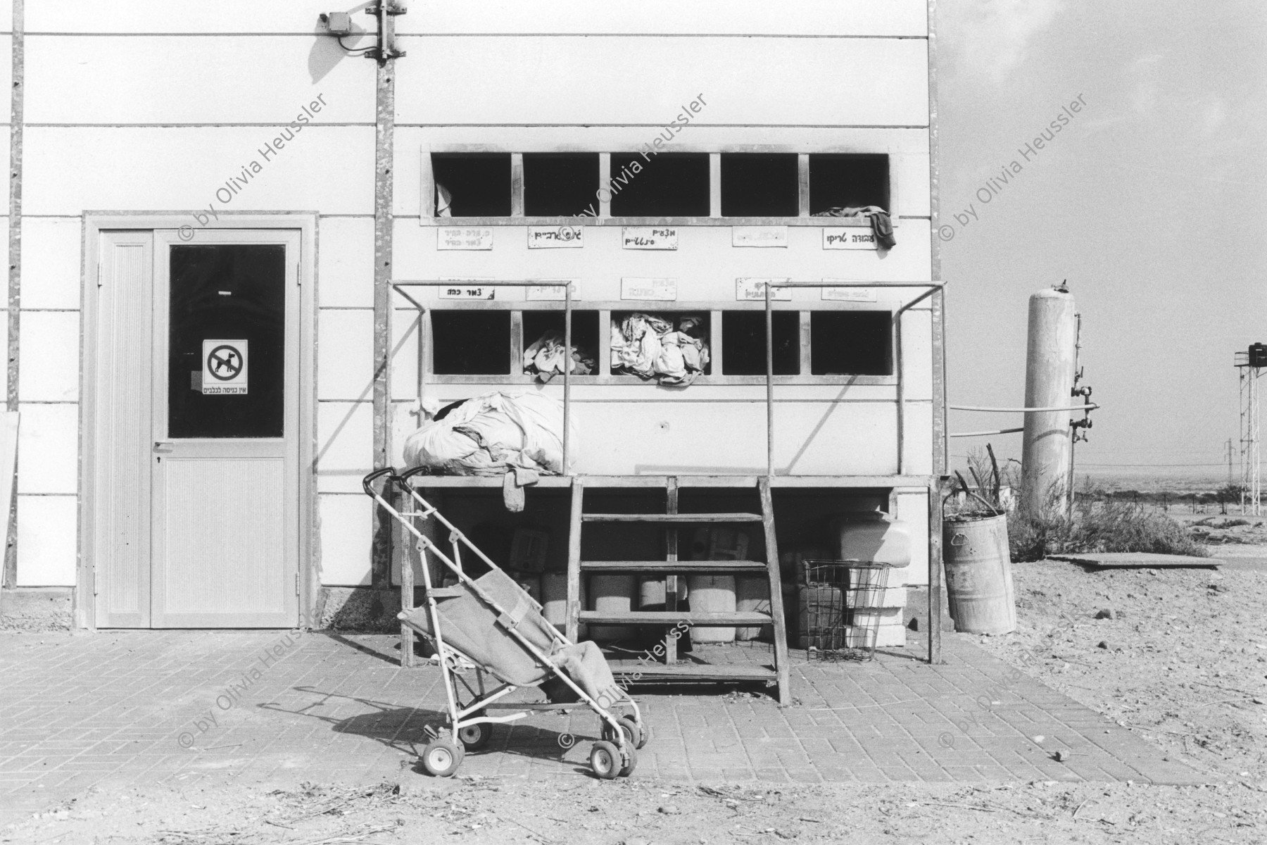 Image of sheet 19931470 photo 21: Waschsalon. Kibbutz Samar 1993 √ © 1993, Olivia Heussler 
Israel trolley kinderwagen baby launderette
loundry salon
Samar (Hebrew: סָמָר‎‎) is a kibbutz in the Arabah valley in the far south of Israel. Located near Eilat, it falls under the jurisdiction of Hevel Eilot Regional Council.
A kibbutz (Hebrew: קִבּוּץ / קיבוץ, lit. "gathering, clustering"; plural kibbutzim) is a collective community in Israel that was traditionally based on agriculture. Today, farming has been partly supplanted by other economic branches, including industrial plants and high-tech enterprises.[1] Kibbutzim began as utopian communities, a combination of socialism and Zionism. In recent decades, some kibbutzim have been privatized and changes have been made in the communal lifestyle. A member of a kibbutz is called a kibbutznik (Hebrew: קִבּוּצְנִיק).