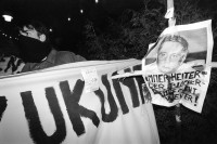 Image of sheet 19940090 photo 14: 'Immer heiter der Blocher Kampf geht weiter' oder 'Soo vill Buure und kein STICH' Anti-Blocher Demo an der SVP Albisgüetli Tagung in Zürich. 28.01.94 1994

The Swiss People's Party (German: Schweizerische Volkspartei, SVP), also known as the Democratic Union of the Centre (Italian: Unione Democratica di Centro, French: Union démocratique du centre, UDC), is a national conservative and right-wing populist political party in Switzerland. Chaired by Toni Brunner, but spearheaded by Christoph Blocher, the party is the largest party in the Federal Assembly, with 54 members of the National Council and 5 of the Council of States.
©1994, Olivia Heussler √