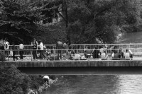 Image of sheet 19940350 photo 27: frtsg. 34 Ausbildung der Polizeiaspirantinnen Seeüberquerung am Ziel misst Herr Leserf die Zeiten. Polizeiboote ab ca 19 uhr 30 mit Turicum auf Patrouille am Letten Kornhausbrücke Kontrolle Wachtmeister Burri filzt Palästinenser am Letten. Polizeimann Wehrli filzt Lybischer Dealer an Kornhausbrücke  Nr. 23 ohne Ausweis und ohne Geld. Lettensteg. Spritzenausgabe. Letten  Zürich 1994 Fixen Drogen Junk