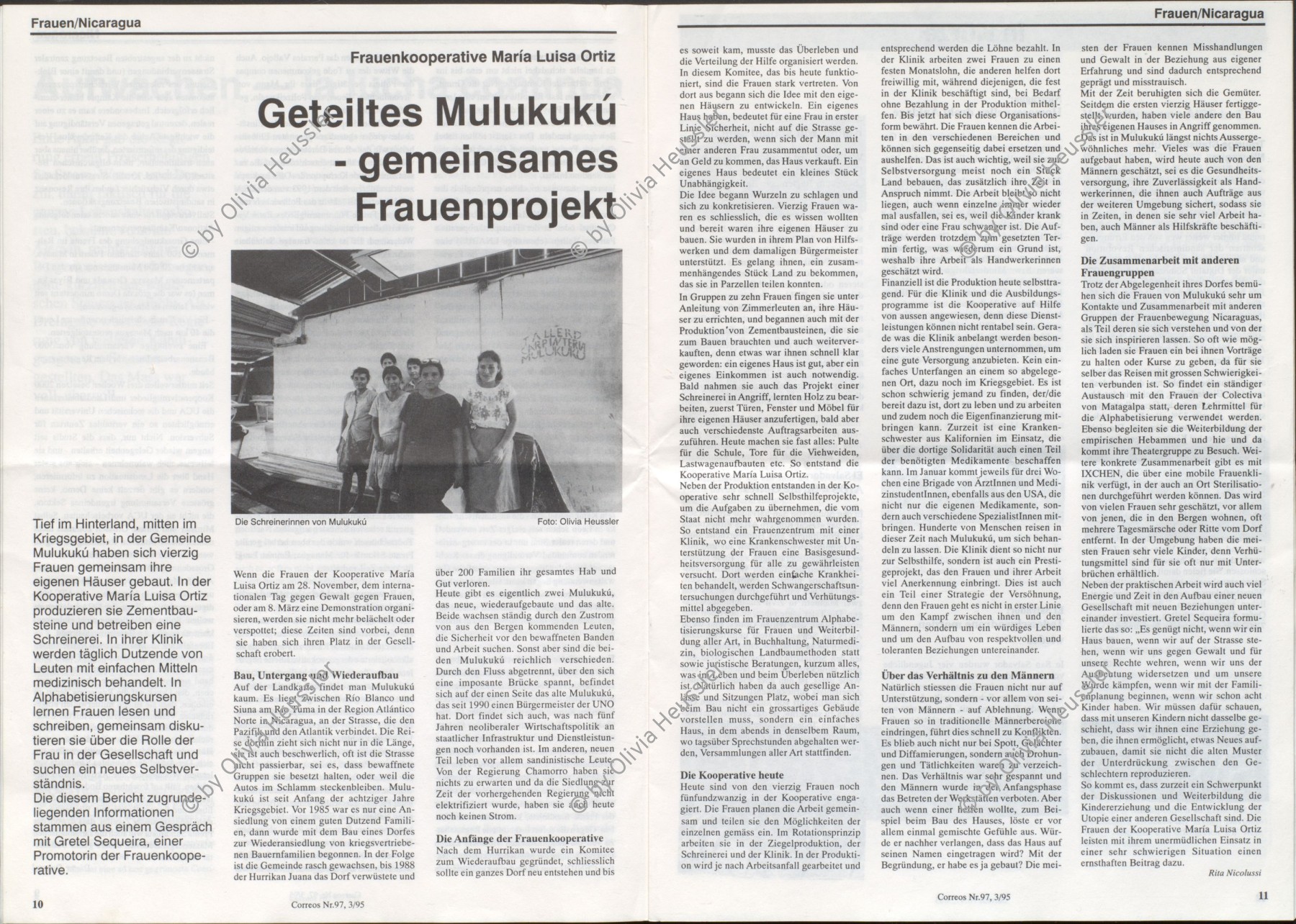 Image of sheet 19940470 photo 3: © 1994, Olivia Heussler / www.clic.li
Die Frauen der Kooperative M.L.O. in ihrer SchreinerInnenwerkstatt. Mulukkuku Nicaragua 10. 1994 √ Gruppenbild

Frauen der Kooperative M.L.O. in Mulukkuku finanziert vom Schweizer ArbeiterInnenhilfswerk. Mulukkuku Nicaragua 10.94 √
cooperativa de mujeres «María Luisa Ortíz», Mulukukú, Dpto. de Matagalpa, 1994
María Luisa Ortíz Women’s Cooperative. work women carpenter wood carpentry