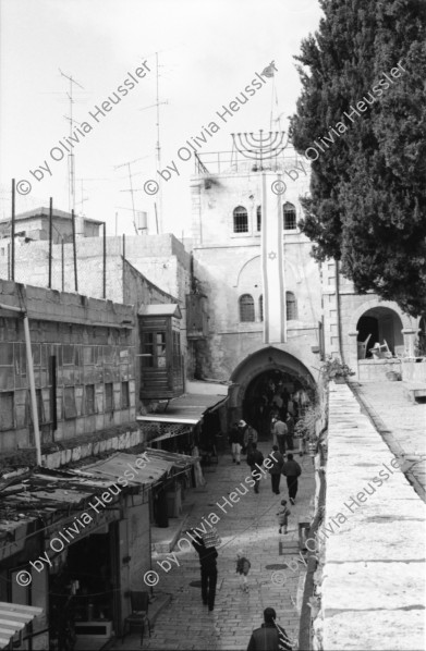 Image of sheet 19960060 photo 0: Strassenszene King Salomon Street Nr. 1-3 und Nr. 9- 24 mit Wahlpropadanda und NO + Davidstern graffitti. In der Altstadt Jerusalem Salbungsstein (hier wurde der Leichnam Christi gesalbt) in der Grabeskirche 3 griechisch-orthodoxe Altare im Kalvarienberg  rechts der Kreuzannagelungsaltar (von 1588) in der Mitte der (ebenfalls den Katholiken gehörende) Stabat-Mater-Altar links der Kreuzigungsaltar der Orthodoxen mit Loch in dem das Kreuz stand, und die Felsplatte,die sich nach der Kreuzigung öffnete. Auf dem Kalvarienberg werden Stationen X-XIII des Kreuzweges angenommen. Sicht auf die Altstadt vom Ölberg, Berg Ophel. Jüdischer Friedhof mit betenden Juden und Junge mit Esel. Israel 1996