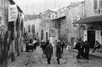 Image of sheet 19960060 photo 17: Strassenszene King Salomon Street Nr. 1-3 und Nr. 9- 24 mit Wahlpropadanda und NO + Davidstern graffitti. In der Altstadt Jerusalem Salbungsstein (hier wurde der Leichnam Christi gesalbt) in der Grabeskirche 3 griechisch-orthodoxe Altare im Kalvarienberg  rechts der Kreuzannagelungsaltar (von 1588) in der Mitte der (ebenfalls den Katholiken gehörende) Stabat-Mater-Altar links der Kreuzigungsaltar der Orthodoxen mit Loch in dem das Kreuz stand, und die Felsplatte,die sich nach der Kreuzigung öffnete. Auf dem Kalvarienberg werden Stationen X-XIII des Kreuzweges angenommen. Sicht auf die Altstadt vom Ölberg, Berg Ophel. Jüdischer Friedhof mit betenden Juden und Junge mit Esel. Israel 1996