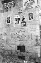 Image of sheet 19960060 photo 9: Strassenszene King Salomon Street Nr. 1-3 und Nr. 9- 24 mit Wahlpropadanda und NO + Davidstern graffitti. In der Altstadt Jerusalem Salbungsstein (hier wurde der Leichnam Christi gesalbt) in der Grabeskirche 3 griechisch-orthodoxe Altare im Kalvarienberg  rechts der Kreuzannagelungsaltar (von 1588) in der Mitte der (ebenfalls den Katholiken gehörende) Stabat-Mater-Altar links der Kreuzigungsaltar der Orthodoxen mit Loch in dem das Kreuz stand, und die Felsplatte,die sich nach der Kreuzigung öffnete. Auf dem Kalvarienberg werden Stationen X-XIII des Kreuzweges angenommen. Sicht auf die Altstadt vom Ölberg, Berg Ophel. Jüdischer Friedhof mit betenden Juden und Junge mit Esel. Israel 1996
