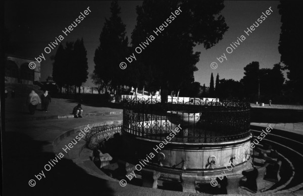 Image of sheet 19960080 photo 25: Aussicht auf Jerusalems Altstadt von der Terasse des Austrian Hospiz. Minarett Nr. 10 Felsendom 687 - 691 von dem Omaijadenkalifen Abd el Malik über dem Felsen erbaut, auf dem Abraham angeblich seinen Sohn Isaak opfern wollte, über dem Salomo den ersten jüdischen Tempel errichtete und von dem Mohammed für eine Naht in den Himmel ritt. 1956 bis 1964 völlig restauriert. Religiöse Touristen mit Holzkreuz. King Salomon Street. Israel Jerusalem
Die al-Aqsa-Moschee (‏المسجد الأقصى‎ al-masdschid al-aqsa, DMG al-masǧid al-aqṣā, ‚die ferne Kultstätte‘) ist eine Moschee auf dem Tempelberg in der Jerusalemer Altstadt. Sie gilt als drittwichtigste Moschee des Islams nach der al-Haram-Moschee mit dem zentralen Heiligtum der Kaaba in Mekka und der Prophetenmoschee mit dem Grab des Propheten Mohammed in Medina