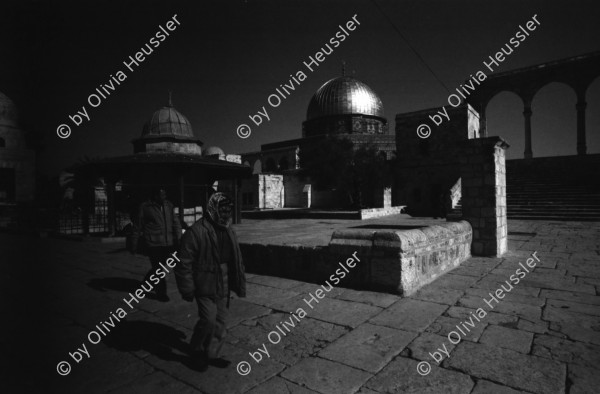 Image of sheet 19960080 photo 27: Aussicht auf Jerusalems Altstadt von der Terasse des Austrian Hospiz. Minarett Nr. 10 Felsendom 687 - 691 von dem Omaijadenkalifen Abd el Malik über dem Felsen erbaut, auf dem Abraham angeblich seinen Sohn Isaak opfern wollte, über dem Salomo den ersten jüdischen Tempel errichtete und von dem Mohammed für eine Naht in den Himmel ritt. 1956 bis 1964 völlig restauriert. Religiöse Touristen mit Holzkreuz. King Salomon Street. Israel Jerusalem
Die al-Aqsa-Moschee (‏المسجد الأقصى‎ al-masdschid al-aqsa, DMG al-masǧid al-aqṣā, ‚die ferne Kultstätte‘) ist eine Moschee auf dem Tempelberg in der Jerusalemer Altstadt. Sie gilt als drittwichtigste Moschee des Islams nach der al-Haram-Moschee mit dem zentralen Heiligtum der Kaaba in Mekka und der Prophetenmoschee mit dem Grab des Propheten Mohammed in Medina