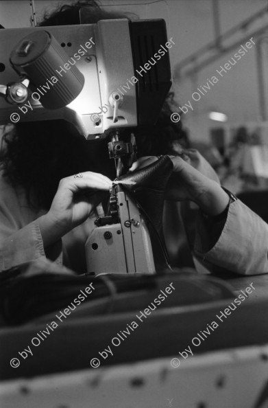 Image of sheet 19960360 photo 22: Frauen Handarbeit  bei Bally
Schuhfabrik Bally in Stabio, Ticino Tessin Schweiz. 20.05.96  1996 Shoes factory south Switzerland business manufactor √ women woman work working 
Out of: Schichtwechsel Jour ouvrable Per chi suona la sirena SMUV UNIA