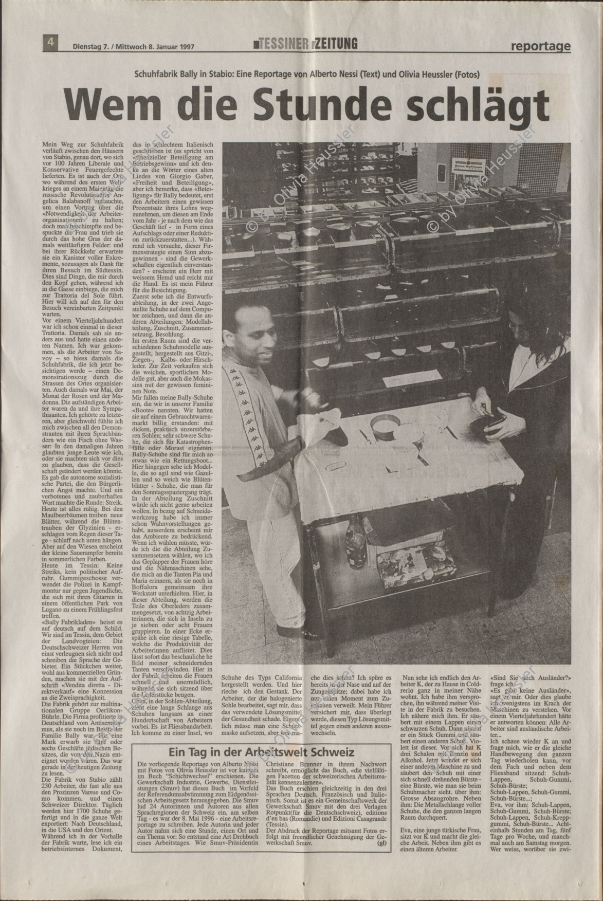 Image of sheet 19960370 photo 33: Frau und Mann Arbeiter und Arbeiterin Schuhe leimen am Fliessband. Schuhfabrik Bally in Stabio, Tessin Schweiz. 20.05. 1996 √
Worker in a shoe factory when polishing shoes glue on an assembly line. Bally shoe factory
Switzerland Swiss shoe industry Bally shoes Canton Ticino
Bally Schuhwerk Stabio Tessin Switzerland Schweiz Ticino 1996 Aus: 

© 1996, OLIVIA HEUSSLER / www.clic.li