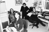 Image of sheet 19970010 photo 14: Portrait von Gruppenbild Fraueninformations Zentrum in Quellenstrasse Zürich FIZ Frauen. 1997 
 	Frauen Informations Zentrum FIZ Frauen Portrait
FIZ Advocacy and Support for Migrant Women and Victims of Trafficking
Zürich Kreis fünf 5, Switzerland Europe Group 1997
© 1997, Olivia Heussler
v.l.n.r. Eva Danzl, Maritza Le Breton, Brigitte Schmid, Carminha Pereira fiz zurück