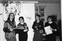 Image of sheet 19970010 photo 23: Portrait von Gruppenbild Fraueninformations Zentrum in Quellenstrasse Zürich FIZ Frauen. 1997 
 	Frauen Informations Zentrum FIZ Frauen Portrait
FIZ Advocacy and Support for Migrant Women and Victims of Trafficking
Zürich Kreis fünf 5, Switzerland Europe Group 1997
© 1997, Olivia Heussler
v.l.n.r. Eva Danzl, Maritza Le Breton, Brigitte Schmid, Carminha Pereira fiz zurück