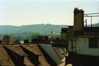Image of sheet 19980150 photo 32: frtsg. Zentrum Klus Kinder spielen mit Kaninchen Alis Heussler Cafeteria Zwillinge im Kinderwagen Karli Karl der Grosse Zentrum Altstadt Grossmünster von Hinten Zürich 1998