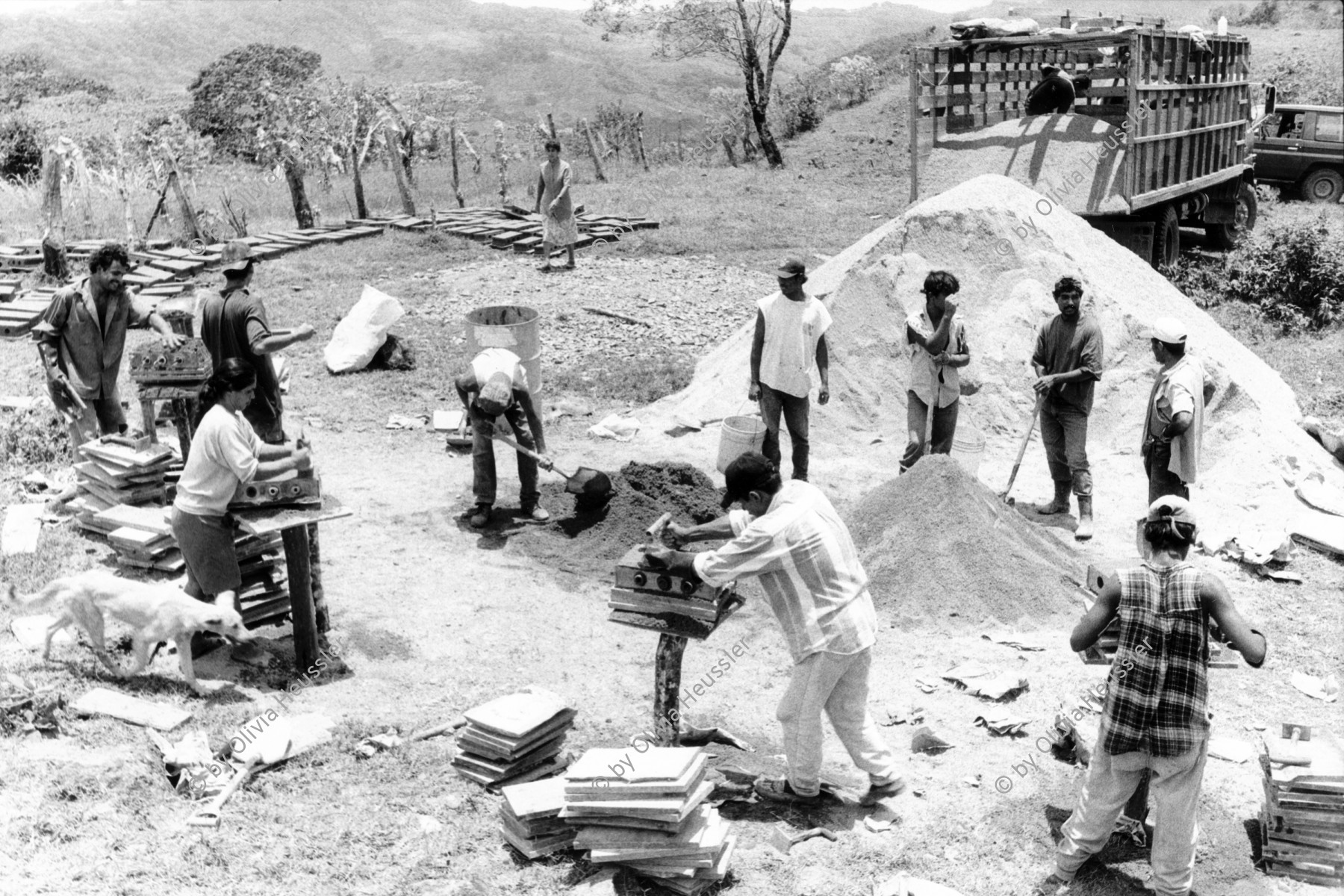 Image of sheet 19990050 photo 32: Erstellung von Zementbloecken für den Wiederaufbau der vom Mitch zerstoerten Haeuser, Miraflor, Nicaragua 1999.
Women from Waslala help the farmers of the UCA Miraflor in creating the Bloques for the reconstruction of houses destroyed by hurricane Mitch.
Nicaragua America central 1999