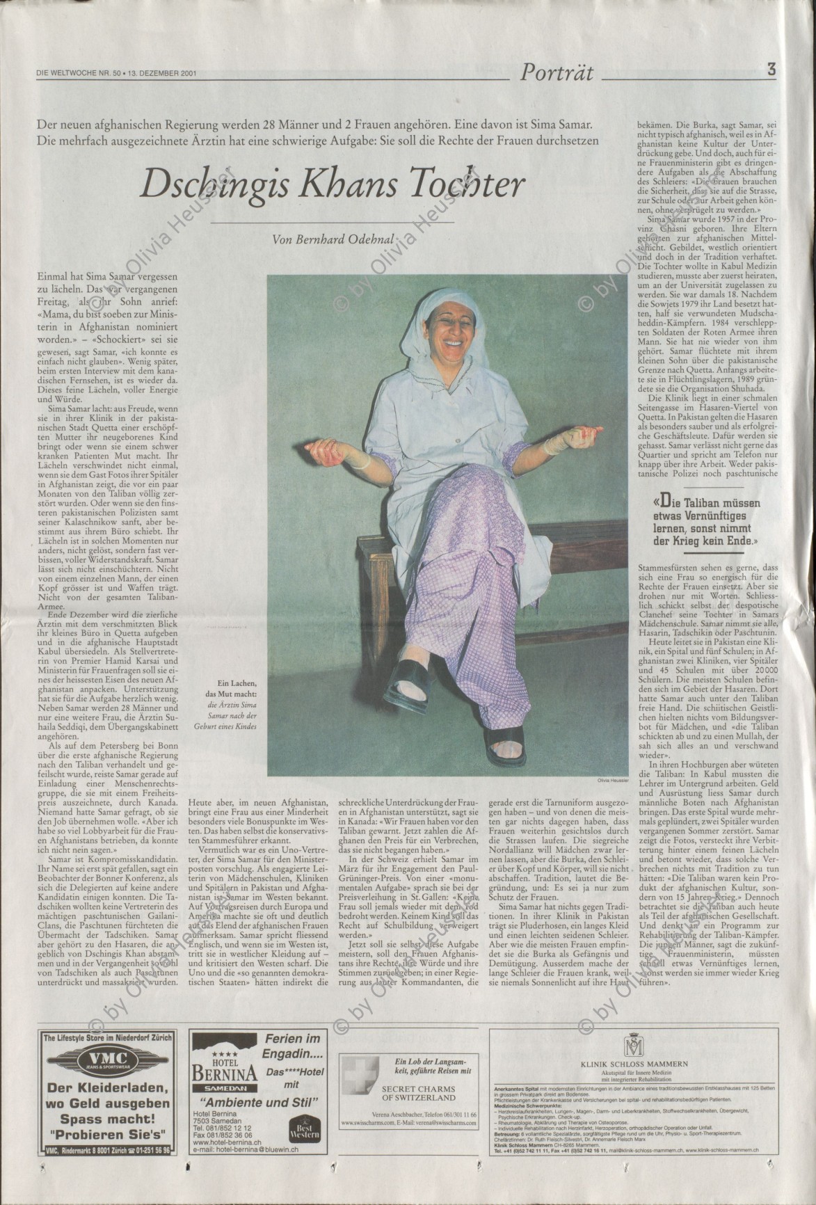 Image of sheet 20013001 photo 121: Die afghanische Aerztin Dr. Sima Samar in ihrer Shuada Klinik, Mariabad, Quetta Pakistan 2001.

Press archive printed media published with the use of a photography by Olivia Heussler: Die Weltwoche.