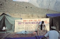 Image of sheet 20013001 photo 70: Pakistan Quetta Baluchistan 2001 
The Members of Chiltan Adventures Association Balochistan, Pakistan in front of a Banner at the base camp to the Chiltan Mountain Hazarganji National Park Mastung