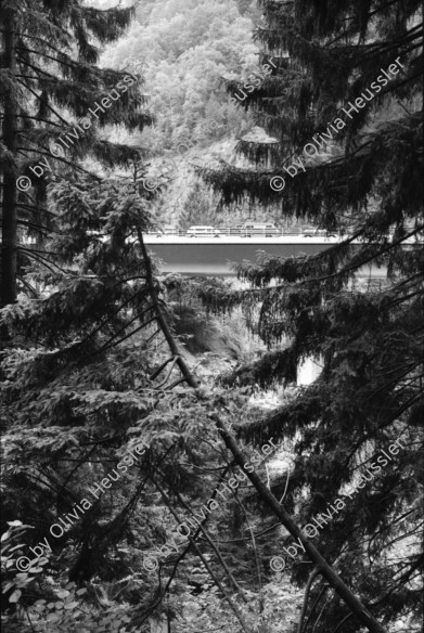 Image of sheet 20020680 photo 4: Autoschlangen auf der Nordachse des Gotthardpasses Teufelsstein am Nordportal Gotthard Strassentunnel Uri Wohnwagen Belüftungsanlage vor Operalpbahn Alis steht vor Flieger Denkmal und Passhöhentafel Gotthard Hospiz Cervelat Bratwurst Stand Urserental oberhalb Andermatt