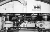 Image of sheet 20020910 photo 37: In der Stollenbahn. Oesterreichische Mineure fahren zur Spätschicht. die glatte Schnittfläche des Bohrkopfs im massiven Leventinagranit. nr. 24,25 und 30
TBM Tunnelbohrmaschiene Herrenknecht Firma  AlpTransit AG