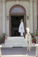 Image of sheet 20030050 photo 31: Mann und weisses Pferd stehen am Eingang 
zum Hotel Cecil, Murree, Provinz Punjab Pakistan, 2003.