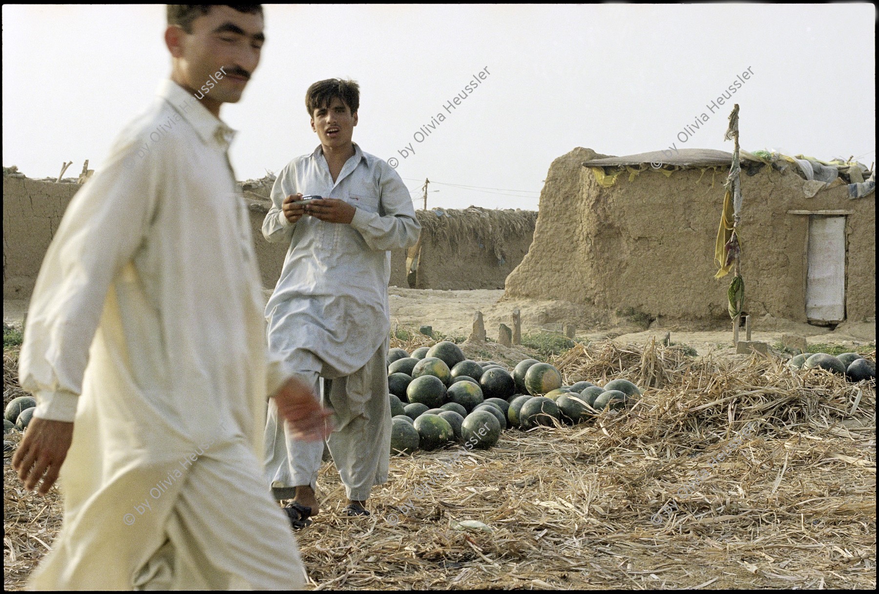 Image of sheet 20030160 photo 19: Im Flüchtlingslager des UNHCR für afghanische Flüchtlinge in Islamabad. F-11 Pakistan 2003
 refugee camp man water melon adobe house home