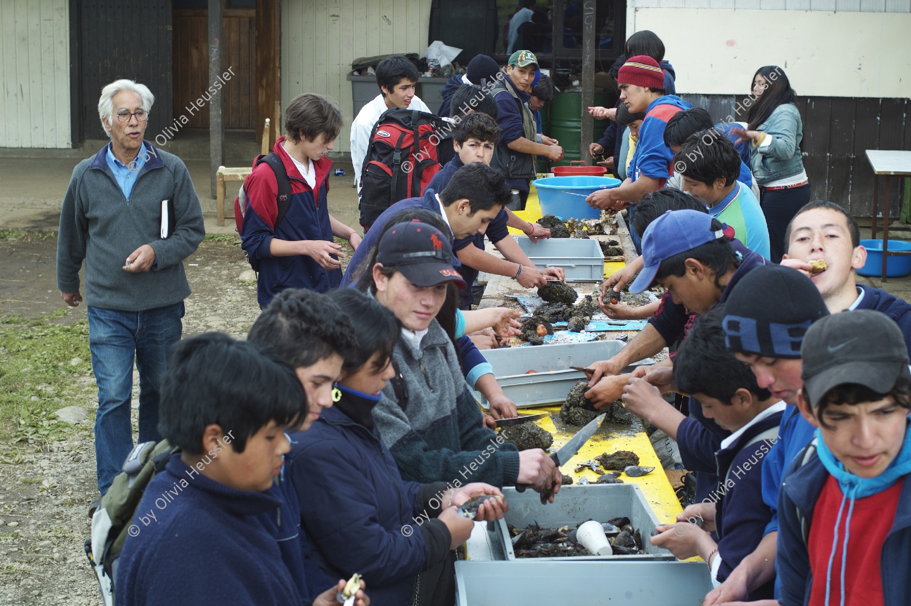 Image of sheet 20051205 photo 12: Chile 2005 Escuela Schule Agricultural School 
Liceo Agrícola El Llolly Weiler El Llolly in Paillaco, rund 100 km landeinwärts vom Pazifik und der Stadt Valdivia in der Region Los Rios, Südchile, gelegen. Die Internatschule mit Landwirtschaftsbetrieb (53 Ha) bietet seit 1990 rund 200 Jugendlichen aus armen und schwierigen Verhältnissen kostenlos eine Berufsausbildung in Landwirtschaft, Gastronomie oder Automechanik an. Sie wurde von Exilchilenen in der Schweiz ins Leben gerufen, auf Initiative von Humberto Cardenas Gomez, links aussen,  (1939-2012), Mitbegründer des Komitee zur Verteidigung der chilenischen Kultur, Zürich.