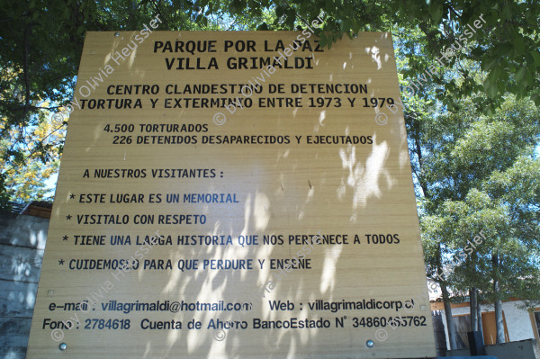 Image of sheet 20051209 photo 333: Die Villa Grimaldi war ein Gelände in Santiago de Chile, auf dem 1975 bis 1988 Oppositionelle der Pinochet-Diktatur gefoltert wurden. Mindestens 4.500 Menschen wurden dort gefoltert und 226 davon umgebracht. Heute befindet sich auf dem Gelände der sogenannte „Park für den Frieden“ (Parque por la Paz Villa Grimaldi), der als Gedenkstätte fungiert.

Villa Grimaldi is considered the most important of DINA’s (Dirección de Inteligencia Nacional, the Chilean secret police) many complexes that were used for the interrogation and torture of political prisoners during the governance of Augusto Pinochet.