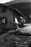 Image of sheet 20060020 photo 19: Leben auf der Alp mit Rind und Kalb, Neaza Graubünden, 2006.
Hirt mit krankem Rind. Hufe werden kontrolliert.
