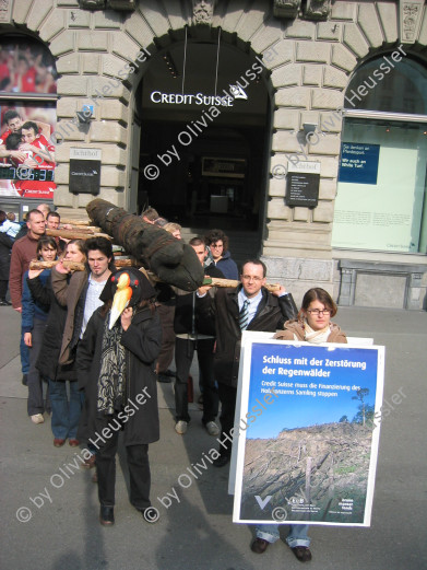 Image of sheet 20070223 photo 5: Aktion des Bruno Manser Fonds (BMF) vor der Credit-Suisse Bank gegen Abholzung der Regenwälder, Paradeplatz Zürich 2007.