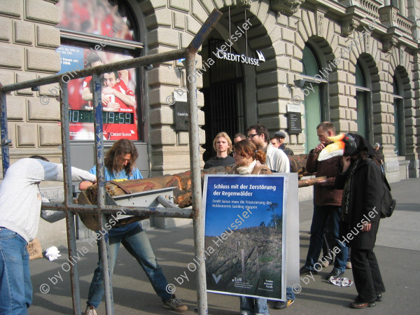 Image of sheet 20070223 photo 6: Aktion des Bruno Manser Fonds (BMF) vor der Credit-Suisse Bank gegen Abholzung der Regenwälder, Paradeplatz Zürich 2007.