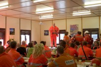 Image of sheet 20110323 photo 628: Miners celebrate after the tunnel drilling machine "Heidi" breaks through the last section of the Gotthard Base Tunnel West near Sedrun in the canton of Grisons, Switzerland, Wednesday, March 23, 2011.
..Die Mineure feiern nach dem 2. Hauptdurchschlag im Gotthardbasistunnel in Sedrun, vor der Tunnelbohrmaschine "Heidi" Mittwoch, 23. Maerz 2011. Wie geplant sind am Mittwoch die letzten Meter Fels im Gotthard-Basistunnel durchstossen worden. Rund fuenf Monate nach dem Durchschlag der Ostroehre ist damit auch die Westroehre zwischen Erstfeld und Bodio auf der gesamten Laenge von 57 Kilometern ausgebrochen. Kanton Tessin √