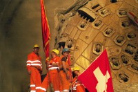 Image of sheet 20110323 photo 727: ..Die Mineure feiern nach dem 2. Hauptdurchschlag (Durchstich Neat) im Gotthardbasistunnel in Sedrun, vor der Tunnelbohrmaschine "Heidi" Mittwoch, 23. Maerz 2011.