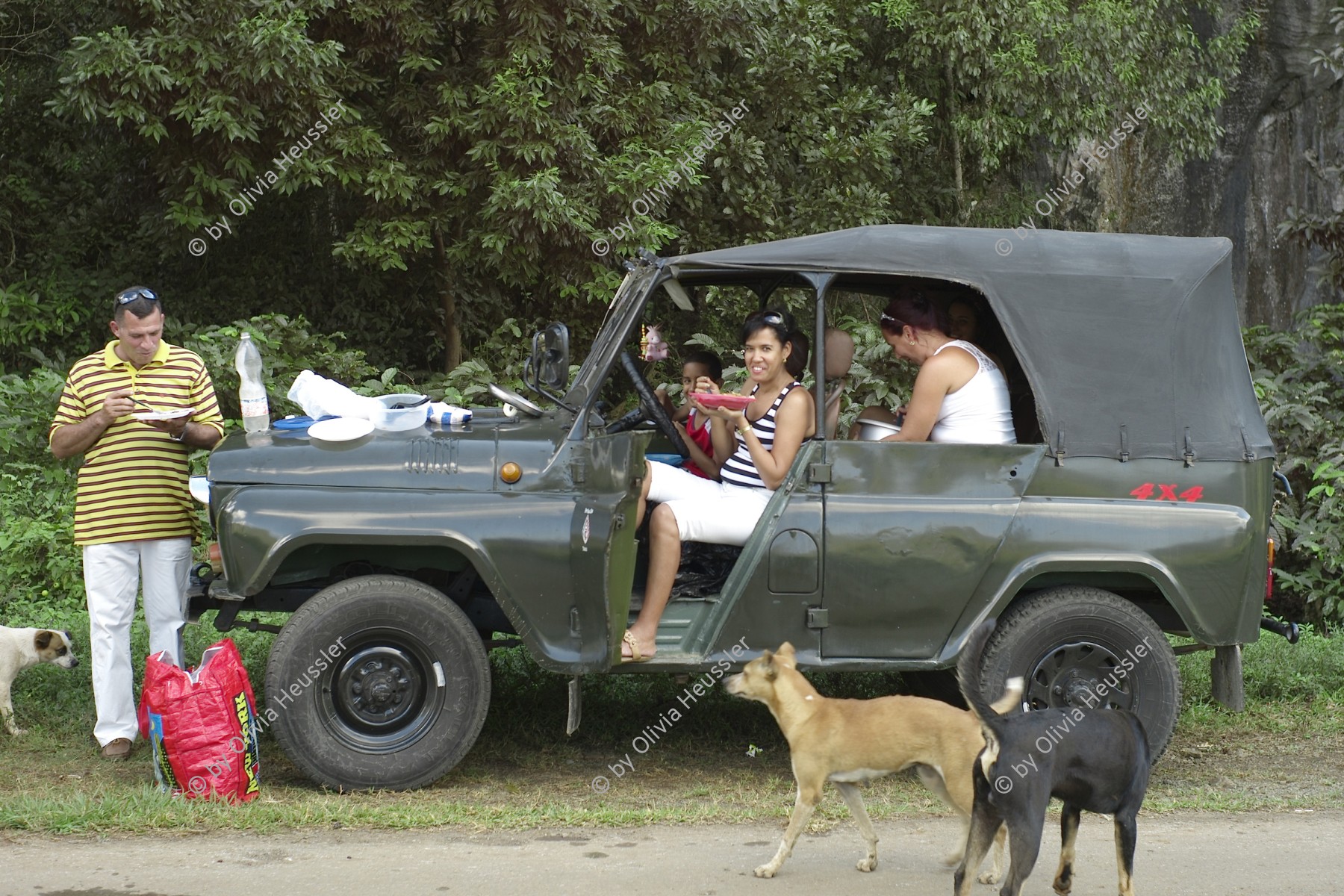 Image of sheet 20140211 photo 63: Eine Familie macht im UAZ Geländewagen Mittagspause mit pik nik pique nique in mitten streunenden Hunden 

in einem alten russischen soviet Uljanowski Awtomobilny Sawod („Uljanowsker Automobilfabrik“), russisch Улья́новский автомоби́льный заво́д, УАЗ/ Uljanowski awtomobilnij sawod, Uljanovsky Avtomobilny Zavod (UAZ) ist eine russische Automobilfabrik mit Sitz in Uljanowsk. Auf den internationalen Märkten verwendet der Hersteller die Bezeichnung UAZ. Kuba Cuba 2014