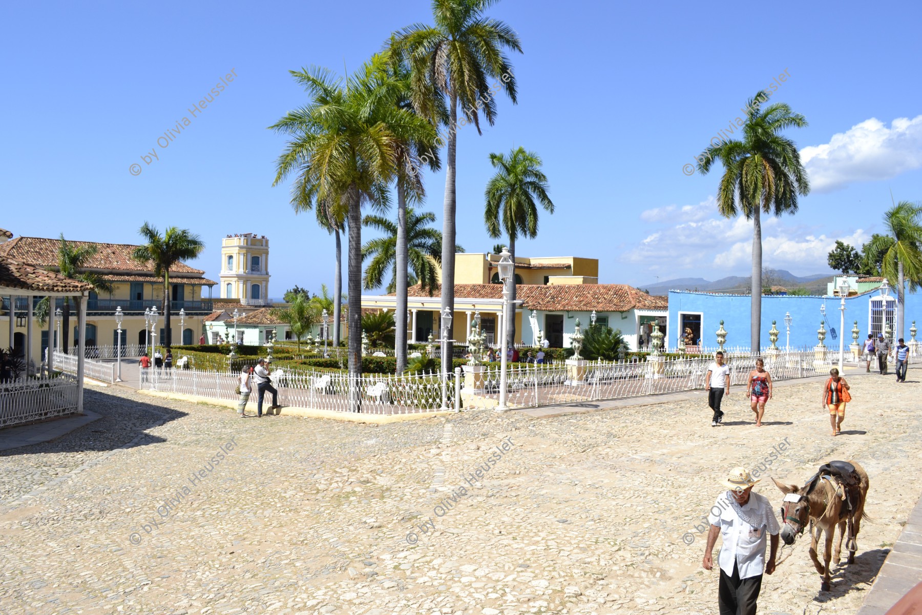 Image of sheet 20140215 photo 88: Die Plaza mayor in der Mittagssonne mit Personen und einem Mann mit Sonnenhut und Maulesel. Im Kolonialstil Palmen Hauptplatz Trinidad Kuba 2014