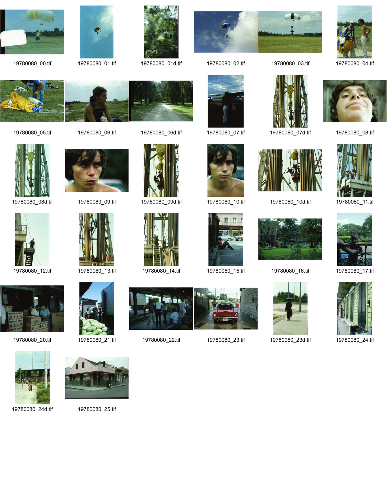 Image of sheet 19780080: Patrick Berner Ölbohrungen New Orleans Südvietnamesische Flüchtlinge im Lager mit Regenschirm Holzhaus ford Auto Fahrzeug Olivia Portrait sitzend Fallschirm Sport Melonen Verkäufer Schwarzer Markt Mann sitzt am Zaun in der Stadt Zentrum falllschirmspringer Ankunft 1978 USA Amerika Nord