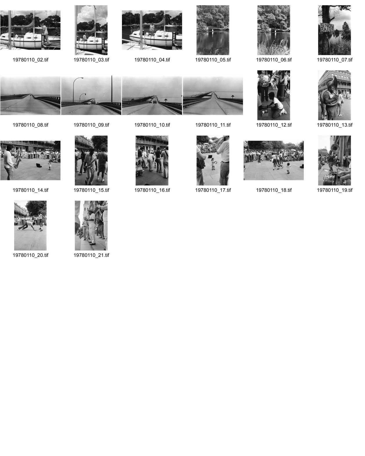 Image of sheet 19780110: Covington Swamps Mississippi Tafel Snow Ball. Segelyacht.
 Autobahn Brücke über die Swamps in New Orleans. Junger Schwarzer
 Schuhputzer. Tuba Player.Saxophon. Herman sherman mit seiner
 Band. auf einem Platz in N.O. kl. Mädchen macht mit Tambourin mit.

Herman Edward Sherman, Sr. (June 28, 1923 - September 10, 1984), was an American jazz saxophonist and bandleader.

Sherman was born in New Orleans. He played clarinet in high school and later picked up alto and tenor sax. He began working with brass bands on the New Orleans jazz scene around 1940, playing in the Eureka Brass Band, the Onward Brass Band, and the Young Tuxedo Brass Band. He took over the leadership of the Young Tuxedo Brass Band in 1971 until his death in 1984, and during his tenure the group toured the United States repeatedly and appeared in Berlin in 1980. He led the ensemble in the studio for their 1983 release Jazz Continues on 504 Records. Sherman occasionally played in dance bands, but concentrated on his work in brass bands. He died in his home city of New Orleans.