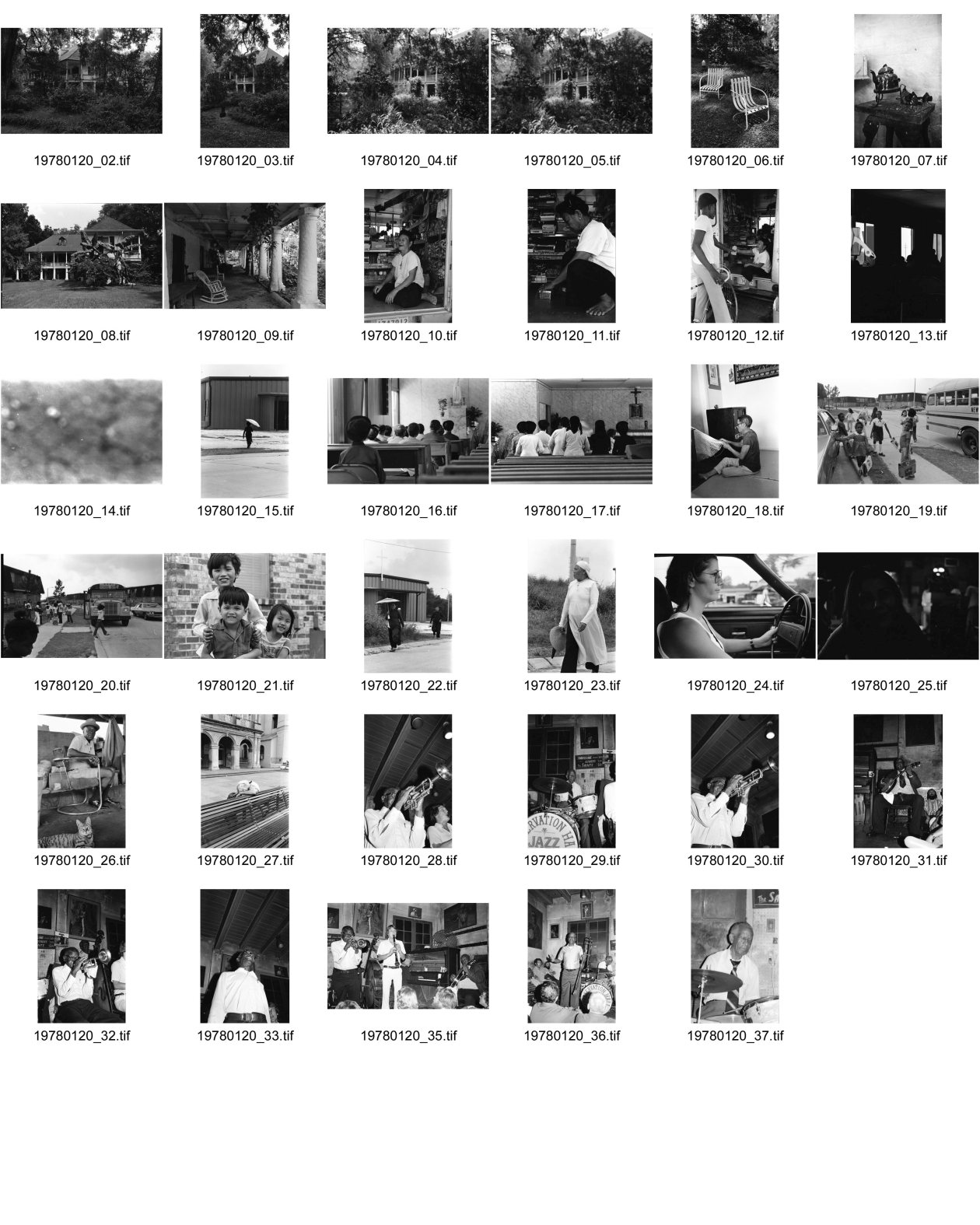 Image of sheet 19780120: 2-9 False River, Plantation House, Parlounge Family N.O.
10- 23 Südvietnamesisches Reservat (grösstes in den U.S.) Südvietnamesische Frau im Reservat für Kriegsveteranen bei New Orleans Vietnamkrieg mit Chuck Fishman. Frauen Kinder und Alter. Gotteshaus Gemischt Kinder Schulgruppe. Schwarzer mit Katze. Mann schläft auf Parkbank.  
28-37 Preservation Hall Jazz Konzert in N.O.Jazzsczene: Banjo: 'Father Al',Al Lewis. Trompete Trompet: Jabbo Smith, Drums: Louis Barbarin, Clarinet: Orange Kellin, Bass: James Prevost. Piano: Sweet Emma. Preservation Hall Jazz Band is the name for numerous groups of Dixieland Jazz and traditional jazz bands at Preservation Hall in New Orleans, Louisiana, and on tours as organized by the Preservation Hall. The purpose of the Hall has been to preserve the heritage of both New Orleans traditional and Dixieland jazz music born in New Orleans and common to the Riverboats playing the Mississippi River, which spread throughout the South until the early 20th century. music band musizieren
Jazz, Jazzkonzert
Vereinigte Staaten von Amerika USA U.S.A. 1978