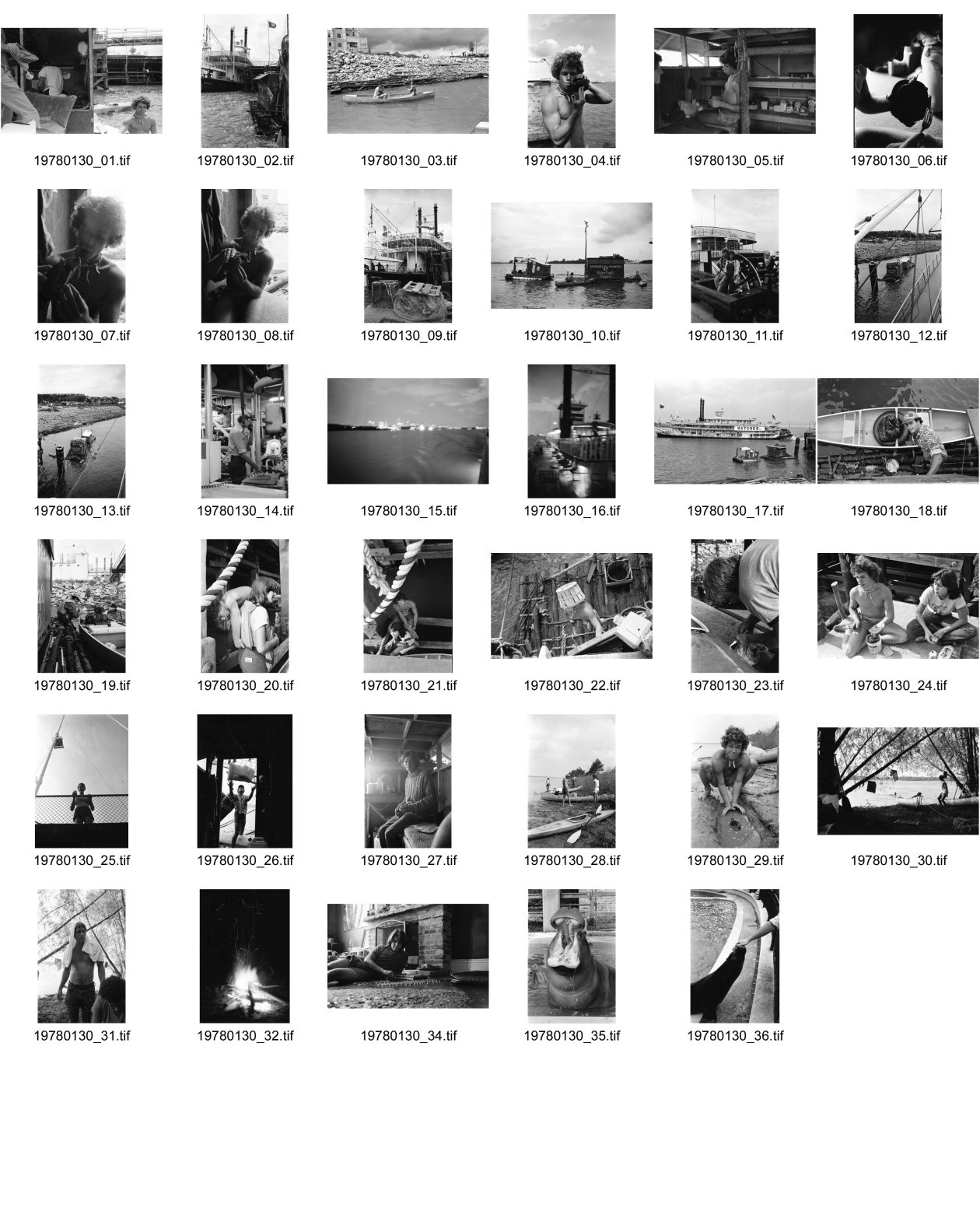 Image of sheet 19780130: Toulouse Quai. Vorbereitung Kanu Reise auf dem Mississippi,Junger mit Schildkröte. Natchez, Raddampfer. Nilpferd im Zoo. Olivia. Flosse, Maschinist. Noel zählt Kleingeld auf Fussboden. USA U.S.A. New Orleans Louisiana 1978
