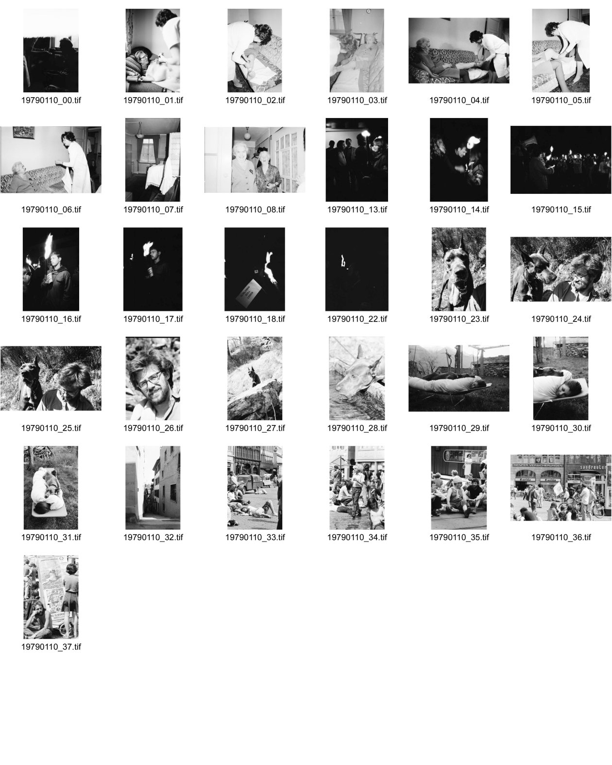 Image of sheet 19790110: Theo Pinkus in Basel Demo Deux Chevaux Camionette Diane
Nicola Lincke 
Dänische Dogge trinkt Wasser an einem Brunnen Blue Bell Gordevio Delia Heussler liegt in einem Bett mit ihrer dänischen Dogge Kanton Tessin Schweiz
Gemeindeschwester pflegt alte Menschen zwei Schwestern zu Hause bevor Spitex Balgrist kam
Schweiz Switzerland health protest dog animal Europe 1979
