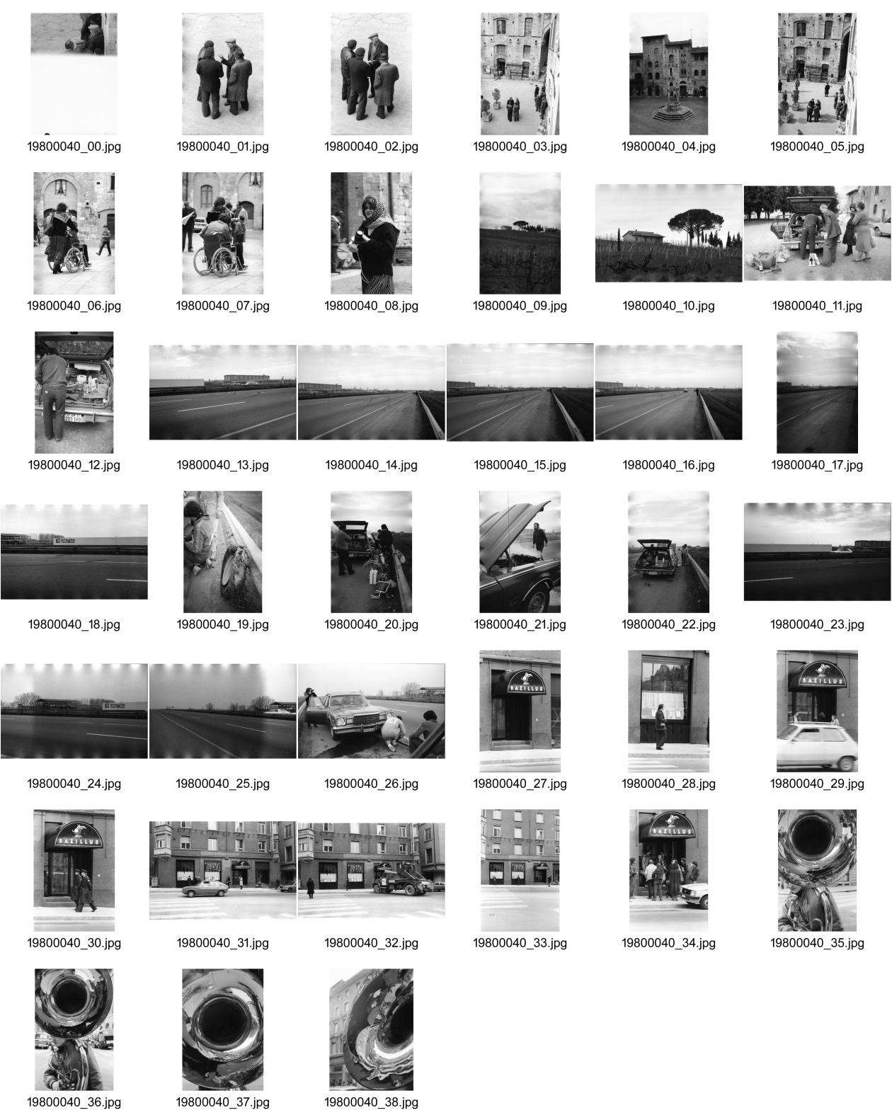 Image of sheet 19800040: Ausflug mit Jürg Keller, Kirche, Nonnen und Priester. Mann im Rollstuhl. Männer stehen zusammen auf Platz und Leute. Baum. Autobahn. geplatzter Reifen. Motor kocht. Jazz Kneipe Bazillus und zwei Beamte. Stampfenbachstr. Spiegelungen (Bazillus) in Blasinstrument. 1980 Italien Siena San Giminano Jazzclub Italy Italia Schweiz Switzerland music concert club jazz