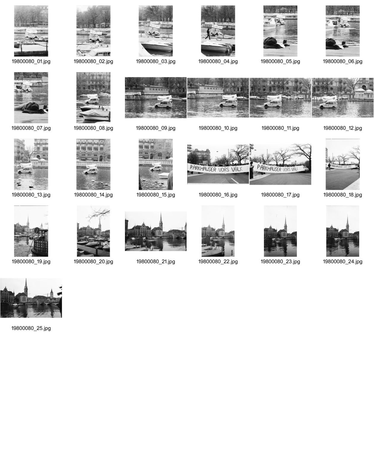 Image of sheet 19800080: Demonstration der POCH gegen geplantes Parkhaus unter der Limmat. Mit auf Floss ziehendem Deux Chevaux Döschwo.in der Limmat. 'Parkhäuser vors Volk.' Mein erstes Bild im TA. Bootssteg bei Riviera mit Fraumünster Kirche und Döschwo. 1980 Schweiz Zürich