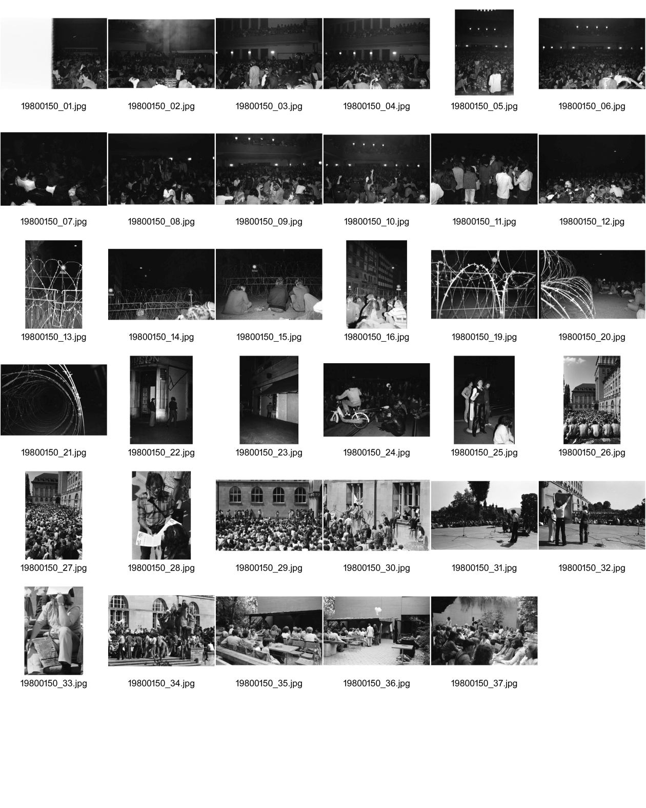 Image of sheet 19800150: Die Volksabstimmung zum Opernhaus-Kredit wird knapp angenommen. Eine weitere Vollversammlung VV entscheidet, nicht auf die Bedingungen des Stadtrats einzugehen. Es werden erste Arbeitsgruppen gegründet. 
Vollversammlung im Volkshaus. Abstimmung.
Besetzung Strasse vor Kantonspolizei. Sitt-in Stacheldraht Rollen. Opernhaus Kredit knapp angenommen. Café Odeon Fenster sind mit Holzplatten geschützt. Nacht. 12.6. Uni Aktionstag 3000 Universität Zürich Künstlergasse. Heinz Liechti Portrait. 
60. Geburtstag Ruth Freizeitanlage Riesbach. Pinkus Genossenschaft Plastiksack.
Jugendbewegung Bewegig AJZ Zürcher Jugendunruhen Demonstrationen
Youth movement protest Zürich 1980 √