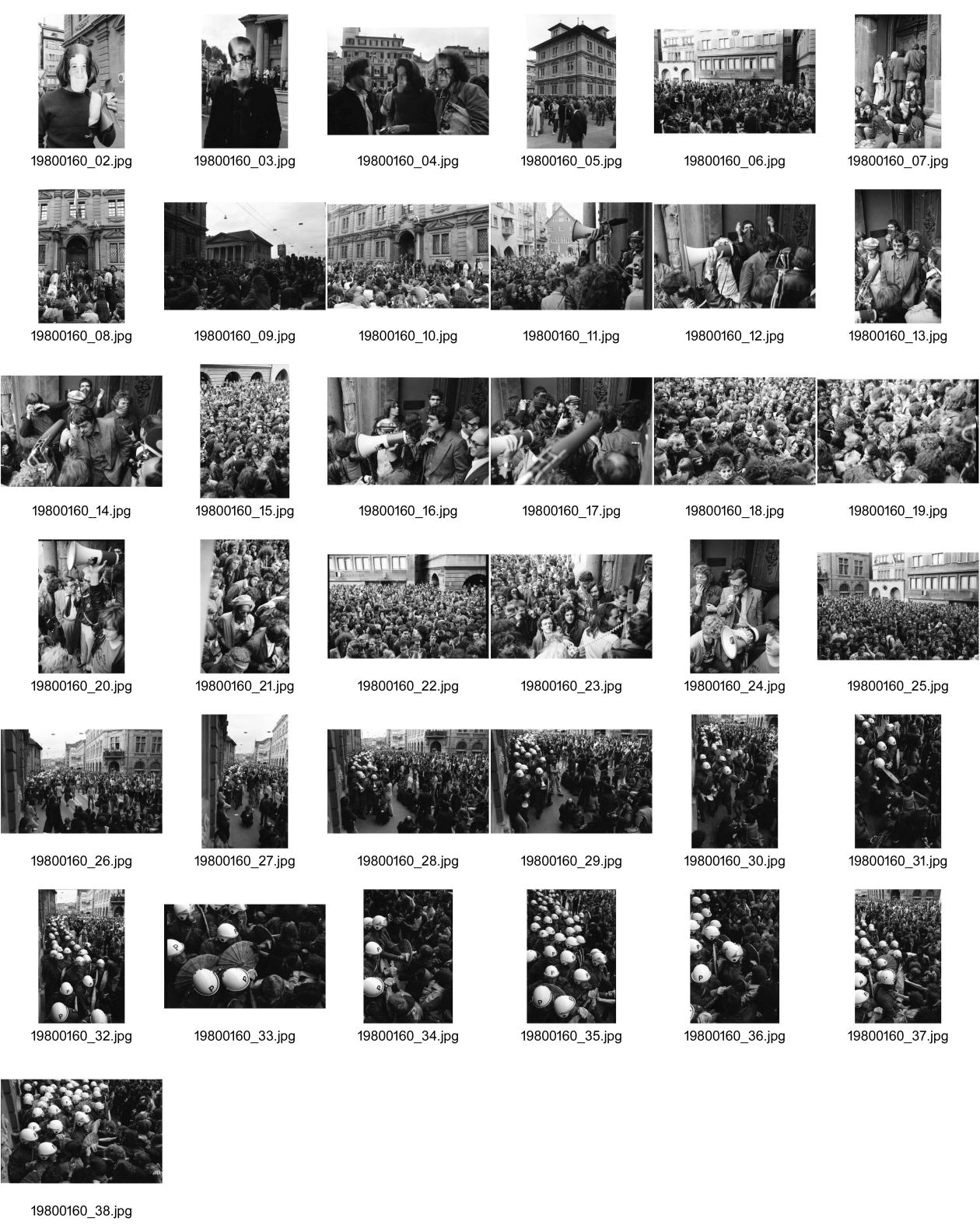 Image of sheet 19800160: Demonstrierende versammeln sich vor dem Rathaus: Sie fordern den Gemeinderat zu einer Diskussion auf. Der Gemeinderat verweigert das Gespräch. Die Demonstrierenden harren aus, worauf die Polizei eingreift. 
Zur Forderung eines Autonomen Jugendhauses wird der Platz vor dem Rathaus am Limmatquai besetzt. Sit-In. Die PolitikerInnen ausgefragt und angepöbelt. Masken von Stadtpräsident Sigi Sigmund Widmer und Stadträtin Emilie Lieberherr werden getragen. Rastamann steht in der Menge und isst gemächlich eine Banane. René Lechleitner und Markus Seiler, Sven Fredy etc.  Klaus Rosza bei der Arbeit! Megaphon mit Bewegungs Sticker. Polizei Einsatz. Polizeihelme von oben herab. 

Jugendbewegung Bewegig AJZ Zürcher Jugendunruhen Demonstrationen
Zürich Youth movement 1980