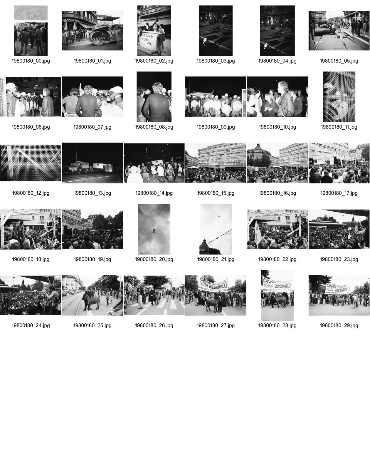 Image of sheet 19800180: frtsg. 800170 
18.6.1980 Rathaus Demo Kantonsrat Gmünder. SP  Vor Café Odeon Bau Dampfwalze. Volkseigentum. Oel flecken auf Limmatquai. 5 . Barrikaden.        'Wir sind wieder da!' Transformatoren Häuschen. Mascotte Puppe und Liebespaar. Grenadiere hinter Drahtzaun. Militärfahrzeuge. Fünfschilling, Dieter Drüssel und Klaus Rosza als Redner am Poch Fest Helvetiaplatz. 
21.6.1980 Nachdem die rund 5000 bis 6000 auf dem Helvetiaplatz Versammelten von den Präventiv-Verhaftungen vom Freitag erfahren, beschliesst eine Mehrheit, die Diskussion um die von der SP unterbreiteten Vorschläge bezüglich Trägerschaft zu vertagen und stattdessen sofort zu demonstrieren. Auf der Quaibrücke treffen die DemonstrantInnen auf die Polizei, die sich dann aber zurückzieht, worauf die Demonstration friedlich zu Ende geht. Unzufriedenen Demonstration mit 8000 Beteiligten Rückzug der Polizei auf der Quaibrücke Demonstration mit Transparent 

'Ohne Polizei kein Krawall' mit Pfarrer Ernst Sieber und seinem Esel. donke banner priest protest

Jugendbewegung Bewegig AJZ Zürcher Jugendunruhen Demonstrationen
Youth movement Protest Zürich Kreis vier 4 Schweiz Switzerland Swiss protest Poch fest