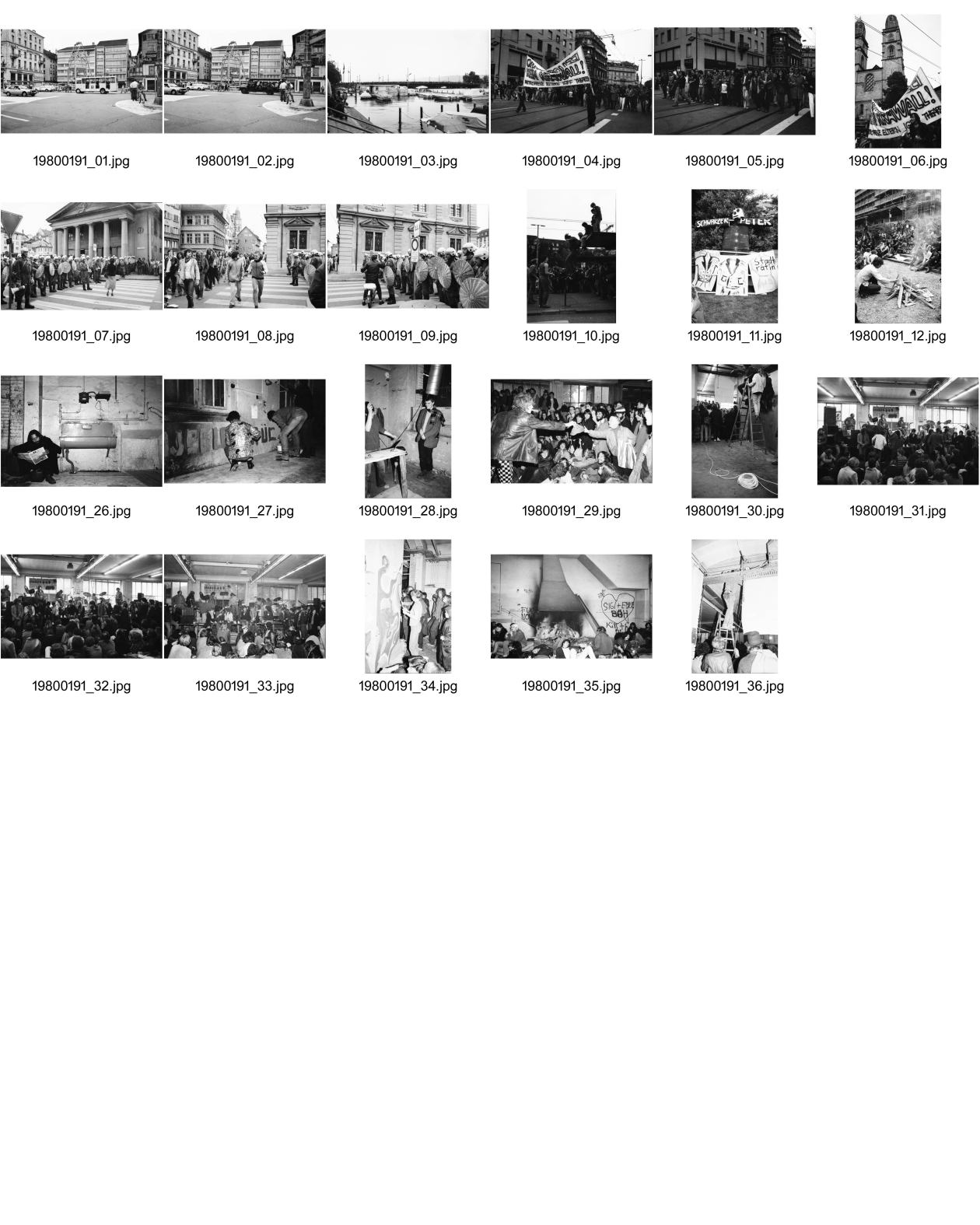 Image of sheet 19800191: Polizei Fahrzeuge Quai Brücke voll DemonstrantInnen Unzufriedenen Demo Grossmünster 7000 Leute. Transparent 'Ohne Krawall keine Polizei' Charlotte Trudi Jacob, eine Zürcher Künstlerin und Kunstmalerin hat 1982 nach dieser Photographie, Nr. 6, ein Bild gemalt. Vor Rathaus Polizeiposten am Limmatquai Landesmuseum Platzspitz Park Karton Puppe. Feuer. 1. Tag im Autonomen Jugendzentrum. AJZ Limmatstrasse 18-20 1.Jürg Bernhard. Der zürcher Photograph Fotograf und Künstler Hans Danuser liest im ZS. Zürcher Student. Vollversammlung.

Jugendbewegung Bewegig AJZ Zürcher Jugendunruhen Demonstrationen 1980