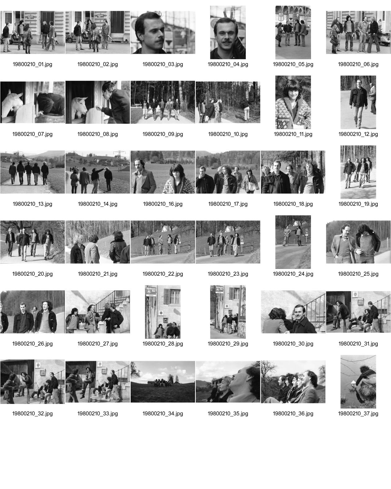 Image of sheet 19800210: Spaziergang mit Rolf Meier Portrait, Pepo Hofstetter, Beat Schilter (gest.) Martin, Hampi und Olivia Heussler (li). Männer Gesicht Bild von Seite. Schweiz 1980